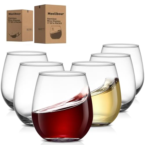 Meolibour Large Stemless Wine Glasses Set of 6, 17 Ounces Red & White Wine Glasses Tumbler for Party, Clear Drink Glasses, Ideal Wine Accessories Gift, Lead-free, Dishwasher Safe